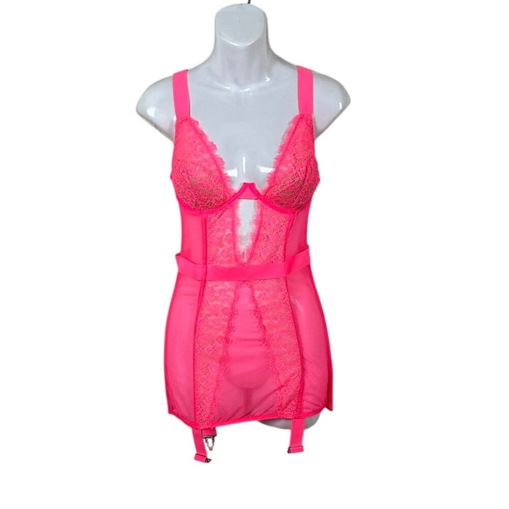 Victoria's Secret hot pink lace garter slip lingerie size  36C